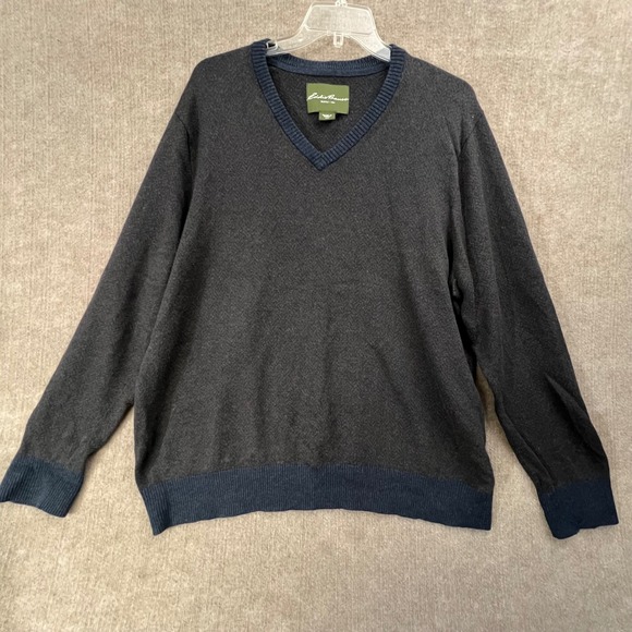 Eddie Bauer Mens XXL V-Neck Sweater Gray Blue Cotton Cashmere Blend Knit - Picture 1 of 12